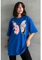 Kadın Çiçekli Kelebek Baskılı Bisiklet Yaka Oversize T-shirt Mavi