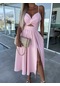 Kadın Giyim Yeni Moda Düz Renk Derin V İçi Boş Büyük Salıncak Etek Yarık Elbise Açık Pembe