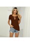 Kahve Yaz Kadın T-shirt V Yaka Kazak Düz Renk Casual Slim Kısa Kollu Tişört Tops