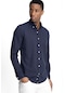 Tudors Slim Fit Uzun Kol Biyeli Yaka Düğmeli Keten Erkek Lacivert Gömlek-26905-lacivert