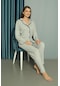 Kadın Orta Yaş Ve Üzeri Rahat Kalıp Puantiye Desenli %100 Pamuk Anne Düğmeli Pijama Takımı 13601-gri