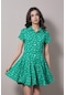 Fullamoda Çiçekli Gömlek Yaka Bürümcük Kumaş Elbise- Yeşil 24YGB4160203084-Yeşil