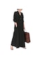 2024 Kadın Pamuk Ve Keten Düz Renk Yaka Uzun Kollu Cep Basit Gevşek Günlük Uzun Gömlek Elbise - Siyah