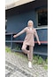 Sevda Kapşonlu Kısa Fermuarlı Sweat Pantolon Spor İkili Takım - 03059 - Vizon