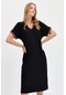 Desen Triko Kadın V Yaka Yakası Ve Kol Ucu Renkli Penye Elbise Kmy24088 Siyah