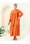 Büzgü Detaylı Geniş Uzun Rahat Sade Basic Tesettür Elbise - 70043 - Oranj-oranj