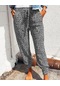 Polyester Karışımlı Geometrik Desenli Casual Kemerli Kadın Pantolon Gri