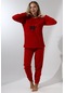 Fawn 5016 Peluş Welsoft Polar Kışlık Yumoş Geyikli Kadın Pijama Takımı Kırmızı