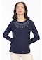 Yeni Model Taş İşlemeli Yuvarlak Yaka Likralı Anne Penye Bluz 6420-lacivert