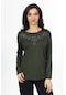 Yeni Model Taş İşlemeli Yuvarlak Yaka Likralı Anne Penye Bluz 6435-haki Yeşili