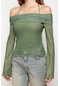 Moda Carmen Yaka Örme Regular Düz Desen Casual Günlük Crop Uzun Kol Bluz Haki