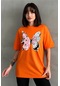 Kadın Çiçekli Kelebek Baskılı Bisiklet Yaka Oversize T-shirt Turuncu