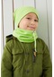 Fıstık Yeşili Erkek Bebek Çocuk İp Detaylı Şapka Bere Boyunluk Takım Rahat %100 Pamuklu Kaşkorse -7195-Yeşil