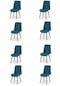 Haman 8 Adet Bank Serisi Nubuk Kumaş Ahşap Gürgen Ayaklı Sandalye Kobalt Mavi