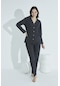 Elitol 961 Desenli Düğmeli Gömlek Yaka Kadın Pijama Takımı Siyah