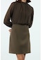 Moda Stil Fitted Dik Yaka Mini Boy A Kesim Astarlı Şifon Dokuma Elbise Haki
