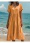 Midi V Yaka Fit & Flare Yazlık Elbise Acik Turuncu