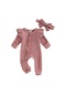 Pembe Bebek Kız Sonbahar Tulum 3 M 6 M 12 M Düz Renk Yuvarlak Boyun Uçan Kollu Ruffled Fermuar Romper Yay Kafa Bandı İle