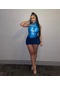 Yeni Moda Kadın Giyim Slim Fit Parlak Deri Tek Omuz Ultra Kısa İki Parçalı Takım Koyu Mavi