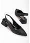 Büyük Numara Parlak Çizgili Deri Siyah Kadın Topuklu Ayakkabı-2749-sıyah