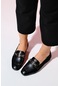 Luvishoes Pecos Siyah Cilt Tokalı Kadın Loafer Ayakkabı