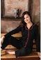 Yeni Sezon Kadın Gömlek Yaka Boydan Düğmeli Cotton Pijama Takımı 200131-siyah-kırmızı