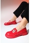Norman Kırmızı Rugan Taş Tokalı Kadın Loafer Ayakkabı