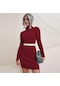 Kadın Balıkçı Yaka Uzun Kollu Örgü Gerilebilir Esneklik İnce Kazak Bodycon Kazak Elbise Bordo