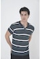 Erkek Yakalı Slim Fit Dokuma Çizgili T-shirt - Haki Haki