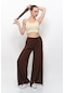 Kadın Keten Kumaş Önden Yırtmaçlı Beli Lastikli Bol Kalıp Pantolon Kahverengi-kahverengi
