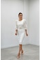 Krep Kumaş Kolları Balon Detaylı Kalem Elbise - Beyaz