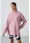 Tommy Life Gül Kurusu Balon Kol Yazı Nakışlı Kadın Oversize Tunik Sweatshirt - 97163 Gülkurusu