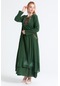 Uzun Kol Şile Bezi Nakışlı Antik Uzun Elbise Yeşil