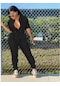 Mengtuo Kadın Stil Düz Renk Yaka Fermuarlı Bel Uzun Çift Cepli Geniş Tulum Siyah