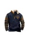 Erkek Western Polar Ceket Kovboy Boğa Başı Baskılı Kazak 1/4 Fermuarlı Dik Yaka Uzun Kollu Country Sweatshirt Kazak Montlar Lacivert