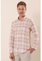 Bej Uzun Kollu Kareli Cepsiz %100 Pamuk Klasik Slim Fit Dar Kesim Gömlek 1004230176-bej