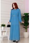 Beli Taşlı Kemerli Uzun Elbise-bebe Mavi-3078 Bebe Mavi
