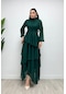 Şifon Kumaş Büzgü Detaylı Katkat Elbise - Zümrüt Yeşil