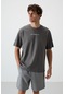 Tommy Life Koyu Gri Pamuklu Kalın Yüzeyi Dokulu Oversize Fit Baskılı Erkek T-shirt - 88364 Koyu Gri