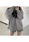Kadın Fermuarlı Tişörtü Sonbahar Düz Renk Hoodie Mont Kadın Rahat Uzun Kollu Kapüşonlular Gri