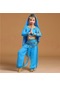 Göl Mavisi Çocuk Performans Kostüm Kız Çocuklar Şifon Madeni Pul Üst + Pantolon + Bel Zinciri + Şapkalar 4 Adet Hint Oryantal Dans Elbise