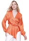 Kadın Orange Asimetrik Kesim V Yaka Saten Bluz-29594-orange