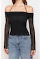 Moda Carmen Yaka Örme Regular Düz Desen Casual Günlük Crop Uzun Kol Bluz Siyah