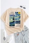 Unisex Van Gogh Baskılı Oversize Tshirt Bej Siyah