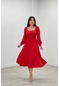 Krep Kumaş Kolları Tül Detaylı Midi Elbise - Kırmızı