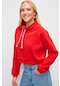 Muni Muni Düz Renk Kordon Detaylı Kısa Sweatshirt-kırmızı