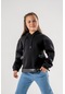 Kız Çocuk Deri Garnili Kapşonlu Sweatshirt 4519 Siyah