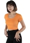 Kadın Turuncu Havuz Yaka Fitted/vücuda Oturan Kısa Kol Crop Tişört 23k-trp-crp04-turuncu
