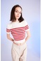 Defacto Slim Fit Dar Kesim Çizgili Bisiklet Yaka Kısa Kollu Triko Kazak D4619AX24AURD86 Kırmızı