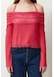 Moda Carmen Yaka Örme Regular Düz Desen Casual Günlük Crop Uzun Kol Bluz FUŞYA